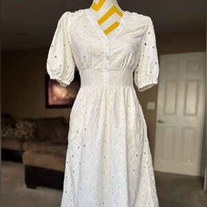 Elegant White Eyelet Midi Dress
